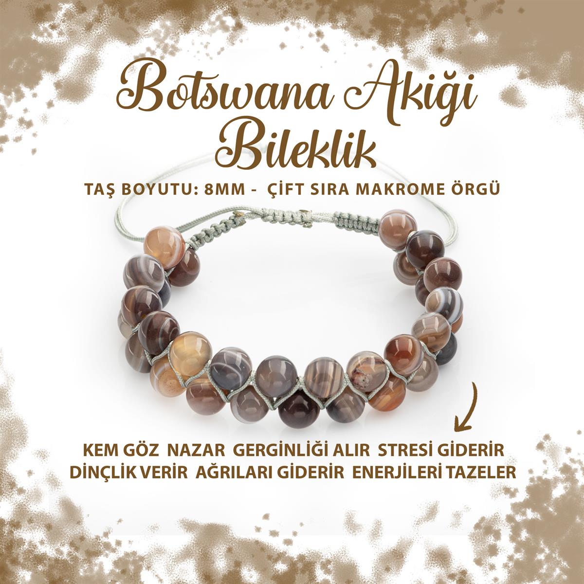 SERTİFİKALI Botswana Akiği 8mm Çift Sıra Makrome Doğal Taş Bileklik