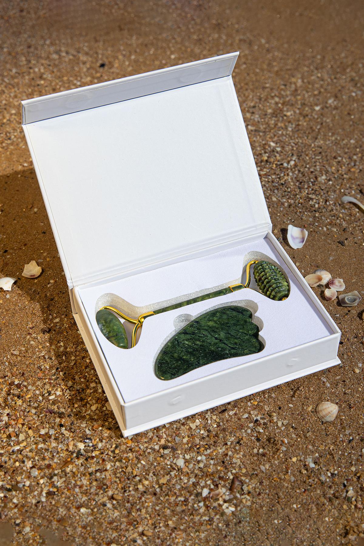 Sertifikalı Yeşim Tırtıklı Roller &amp; Gua Sha %100 Orjinal Doğal Taş