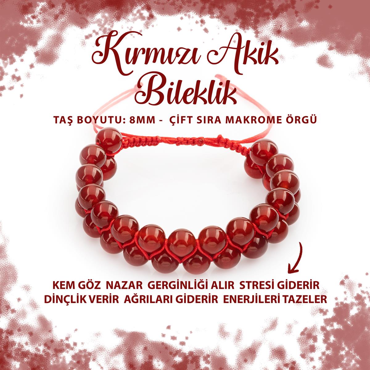 SERTİFİKALI Kırmızı Akik 8mm Çift Sıra Makrome Doğal Taş Bileklik