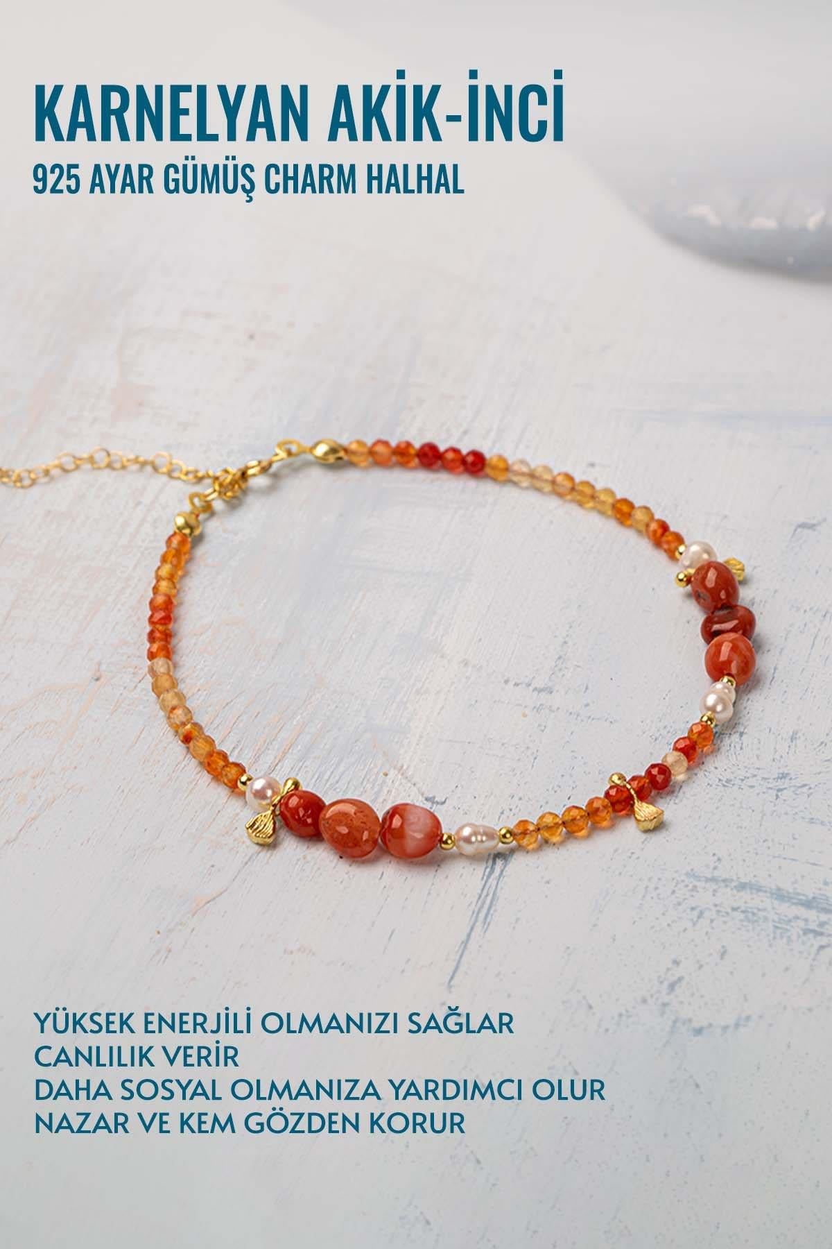 Sertifikalı Doğal Taş Karnelyan Akik - İnci 925 Ayar Gümüş Charm Halhal