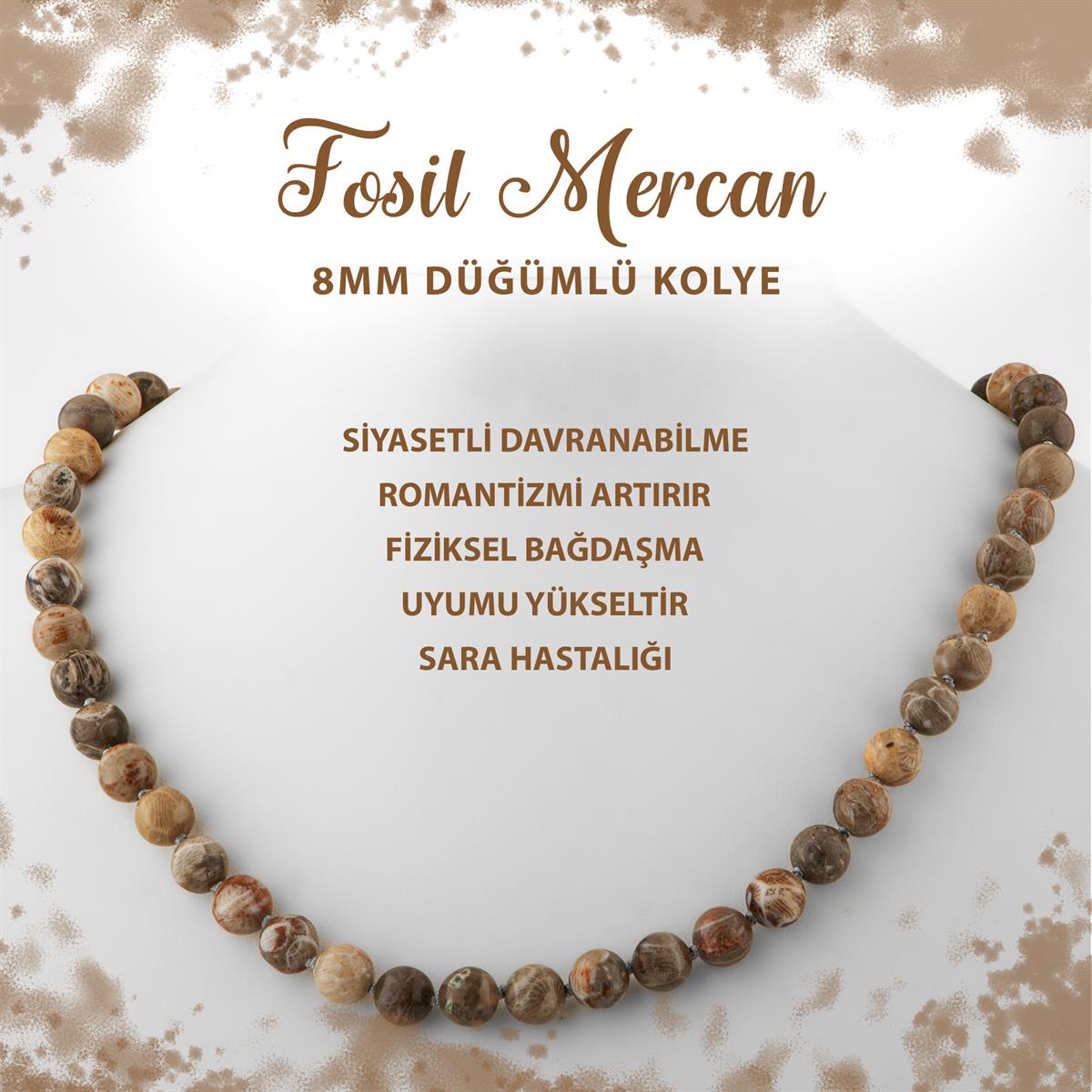SERTİFİKALI Fosil Mercan 8 mm Düğümlü Doğal Taş Kolye