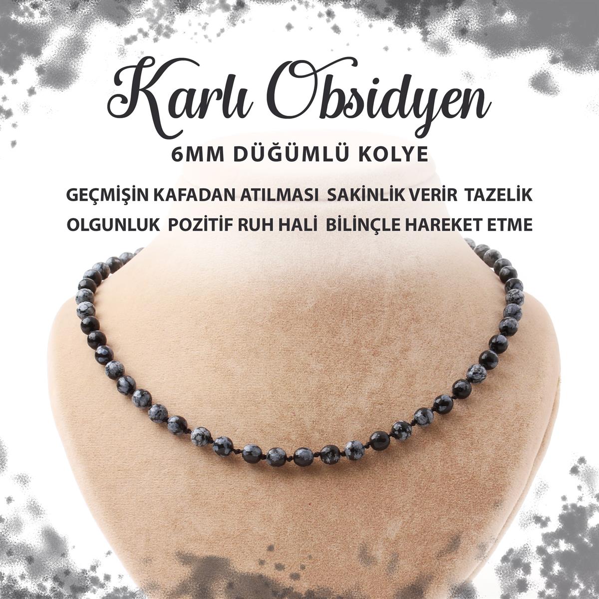SERTİFİKALI Karlı Obsidyen 6 mm Düğümlü Doğal Taş Kolye