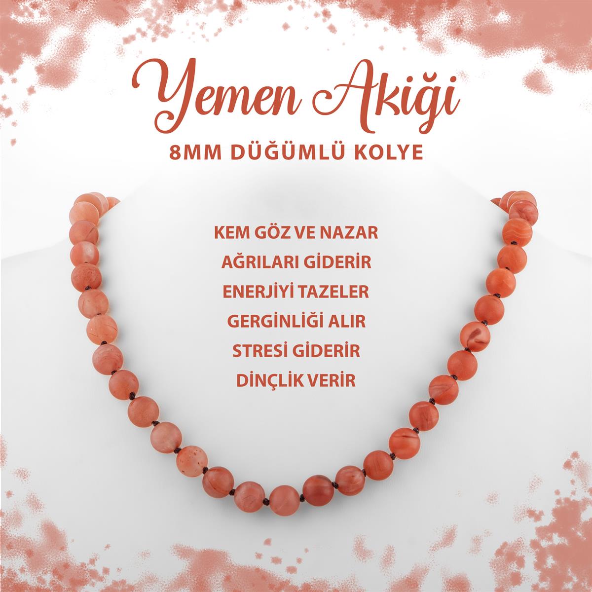 SERTİFİKALI Yemen Akiği 8 mm Düğümlü Doğal Taş Kolye
