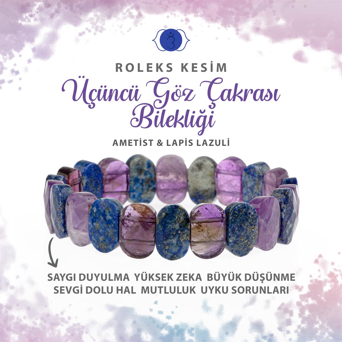SERTİFİKALI Üçüncü Göz Çakrası Doğal Taş Geniş Kesim Bileklik