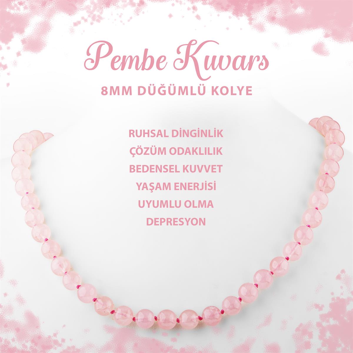 SERTİFİKALI Pembe Kuvars (Gül Kuvars) 8 mm Düğümlü Doğal Taş Kolye