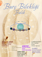 SERTİFİKALI Doğal Taş Balık Burç Bilekliği Kaplan Gözü-Labradorit-Ametist-Kan Taşı-Kalsit-Florit-Ay Taşı