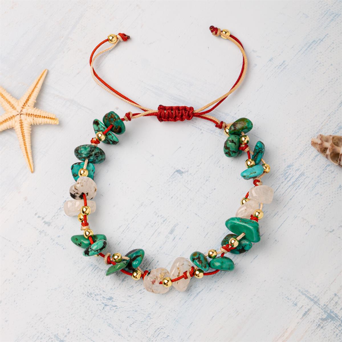 SERTİFİKALI ORJİNAL HAKİKİ TURKUAZ (FİRUZE) &amp; AY TAŞI DOĞAL TAŞLI ÇİFT RENKLİ İP MAKROME BİLEKLİK