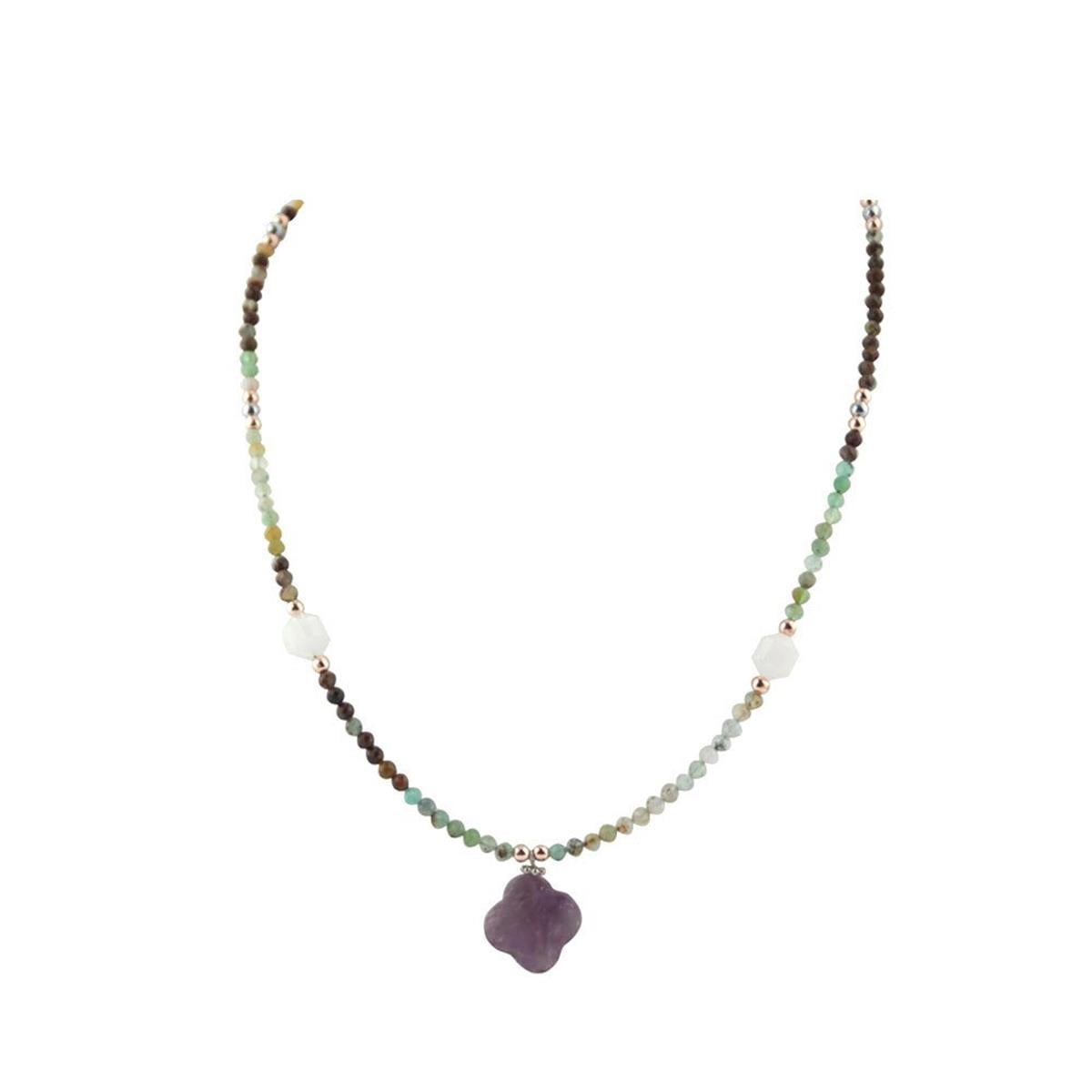 SERTİFİKALI Yonca Şekilli, Krizopras, Ametist, Ay Taşı  Orjinal ( Taşlar) Doğaltaş Kolye 70cm - 6mm