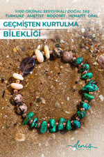 Sertifikalı Doğal Taşlı Geçmişten Kurtulma Bilekliği, Turkuaz, Ametist, Rodonit, Opal, Hematit,