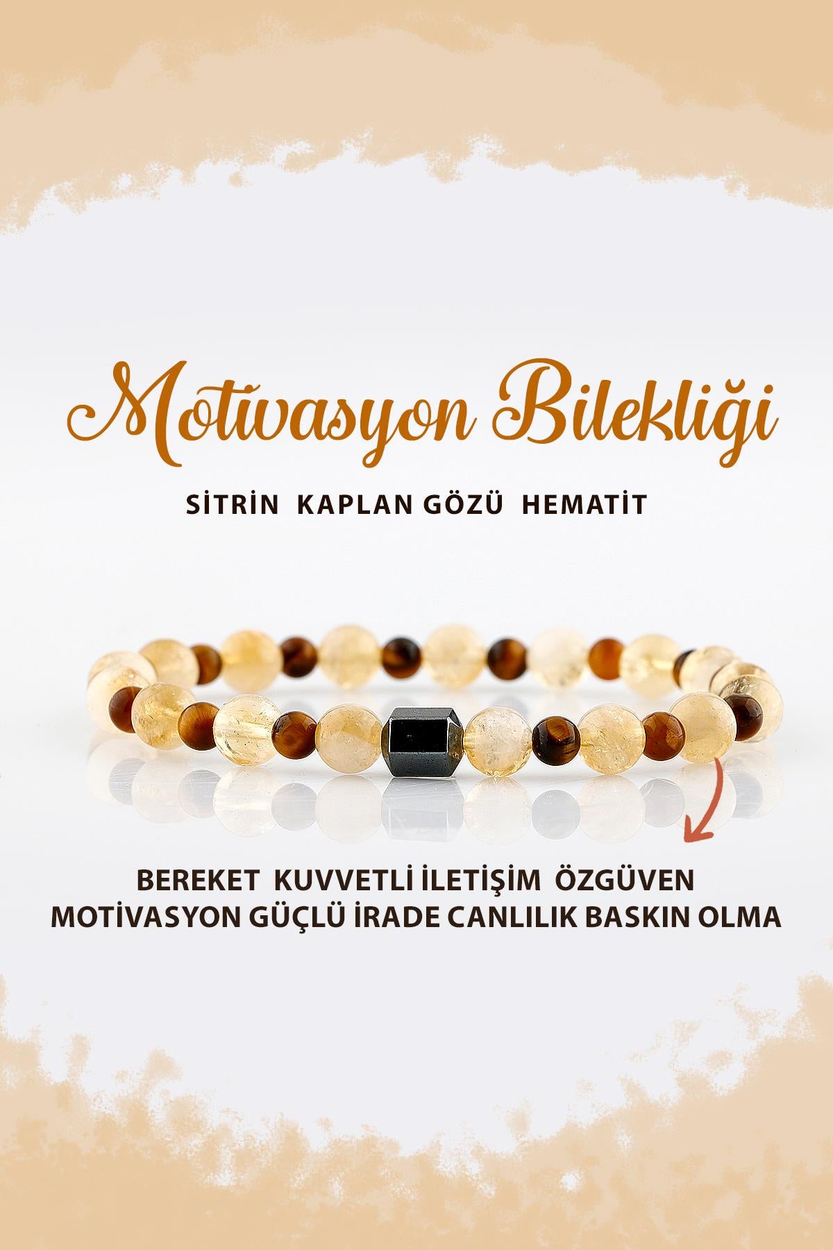 SERTİFİKALI Motivasyon 6mm Doğal Taş Bileklik Kaplan Gözü Sitrin Hematit B003
