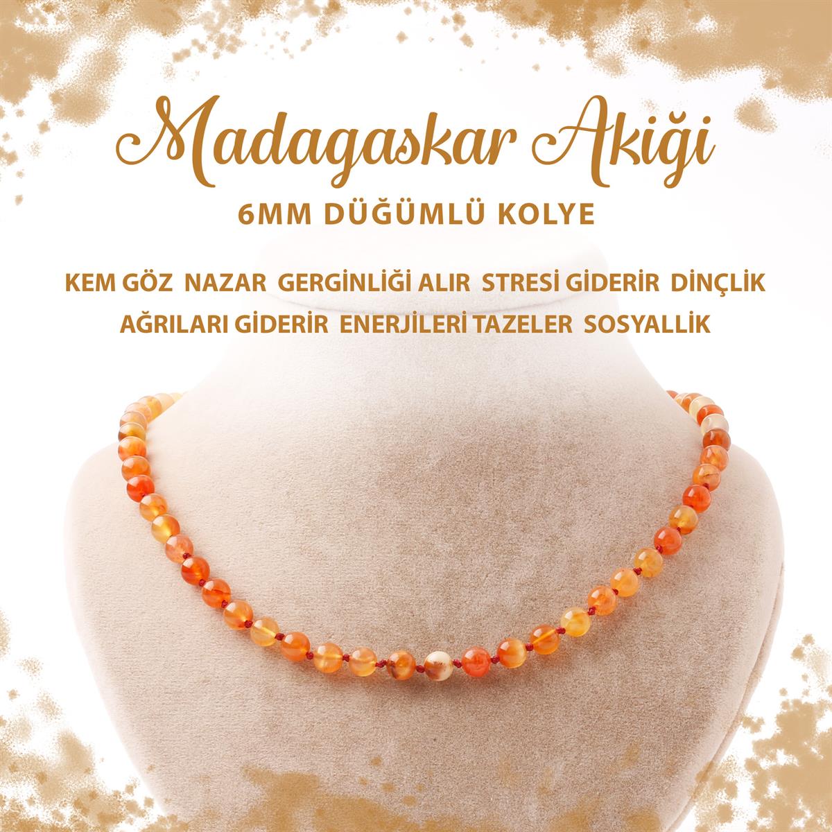 SERTİFİKALI Madagaskar Akiği 6 mm Düğümlü Doğal Taş Kolye