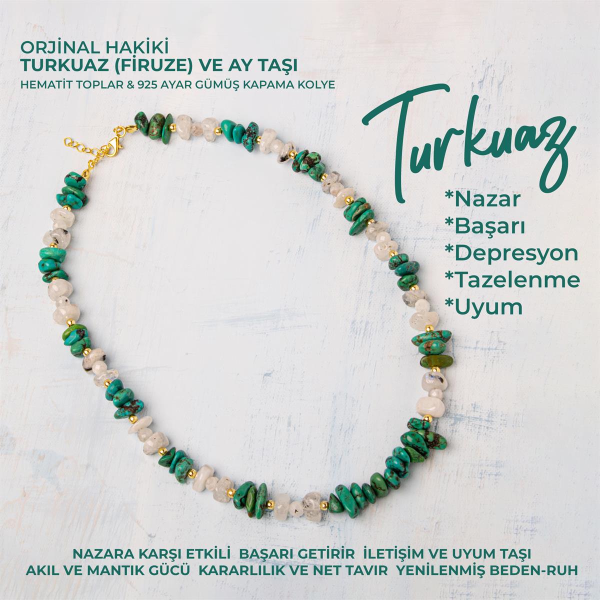 SERTİFİKALI ORJİNAL HAKİKİ TURKUAZ (FİRUZE) &amp; AY TAŞI DOĞAL TAŞLI GÜMÜŞ KAPAMA KOLYE