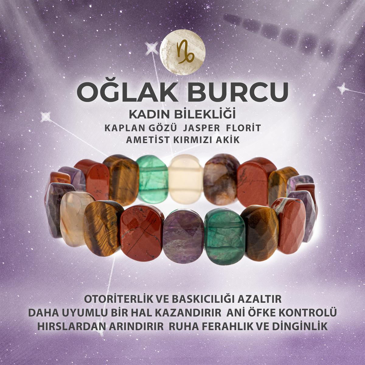 SERTİFİKALI Oğlak Burcu Doğal Taş Geniş Kesim Kadın Bileklik
