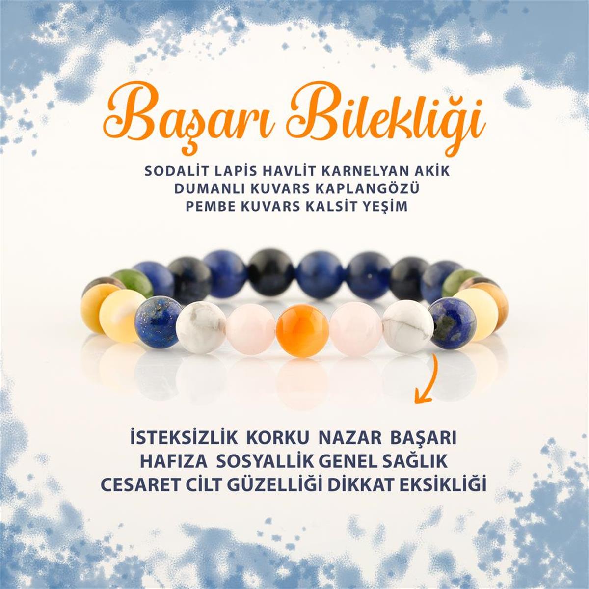 Başarı Doğal Taş Bileklik Sodalit Lapis Akik Dumanlı Kuvars K. Gözü Pembe kuvars Kalsit Yeşim 8mm