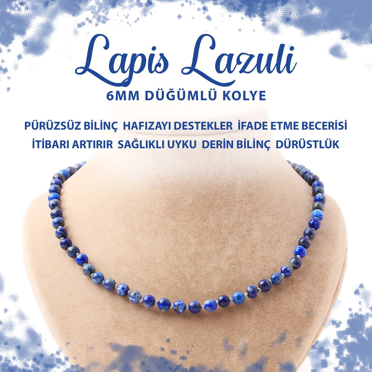 SERTİFİKALI Lapis Lazuli 6 mm Düğümlü Doğal Taş Kolye
