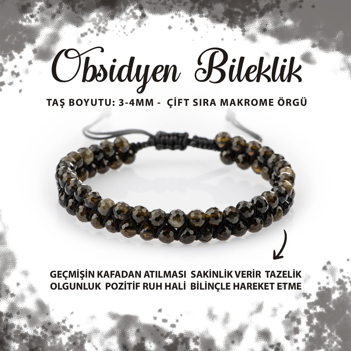 SERTİFİKALI Obsidyen 3-4mm Çift Sıra Doğal Taş Bileklik
