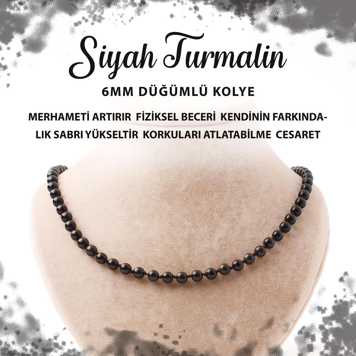 SERTİFİKALI Siyah Turmalin 6 mm Düğümlü Doğal Taş Kolye