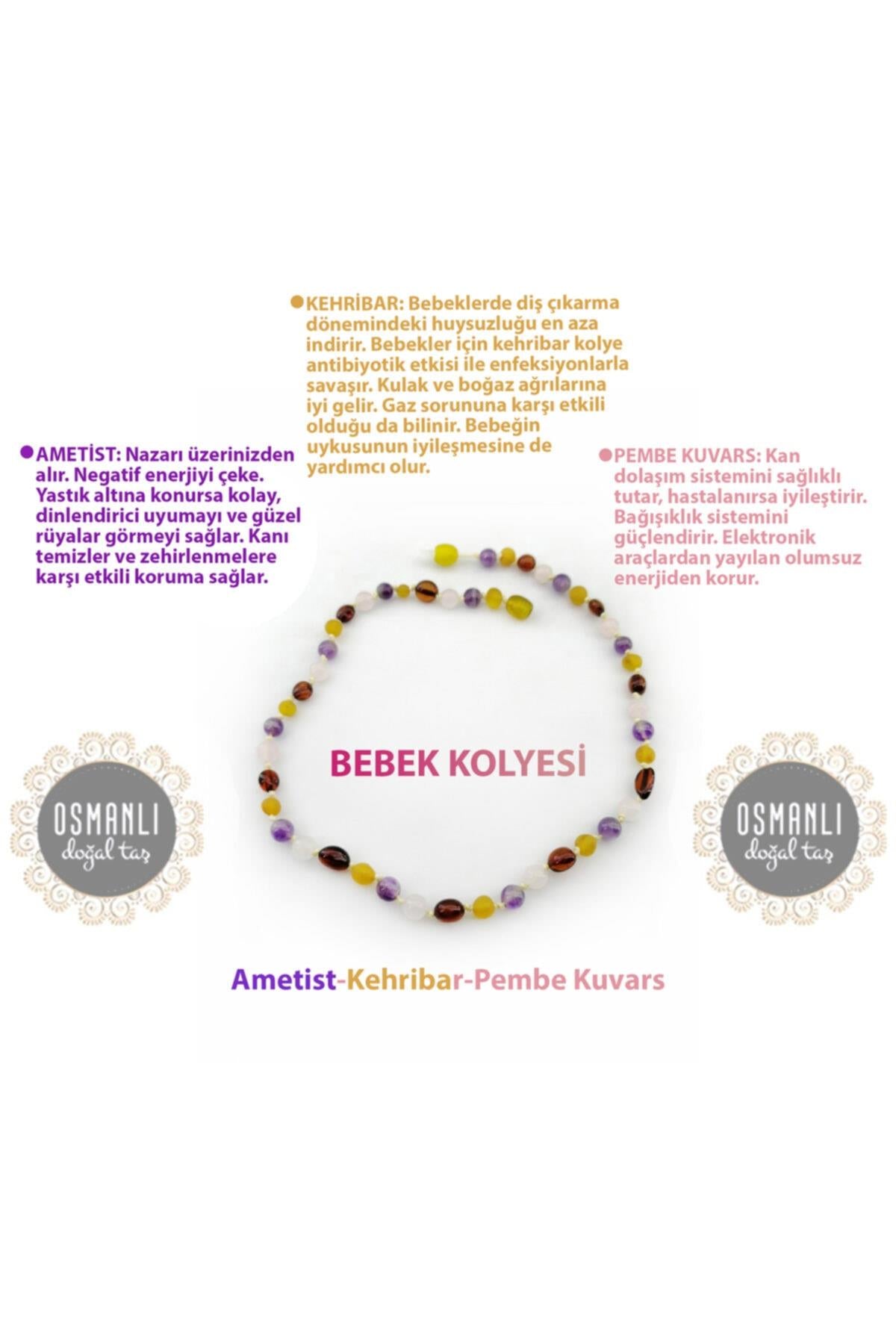 SERTİFİKALI Bebek Kehribar Kolye-ametist-kehribar-pembe Kuvars (33-35 Cm)