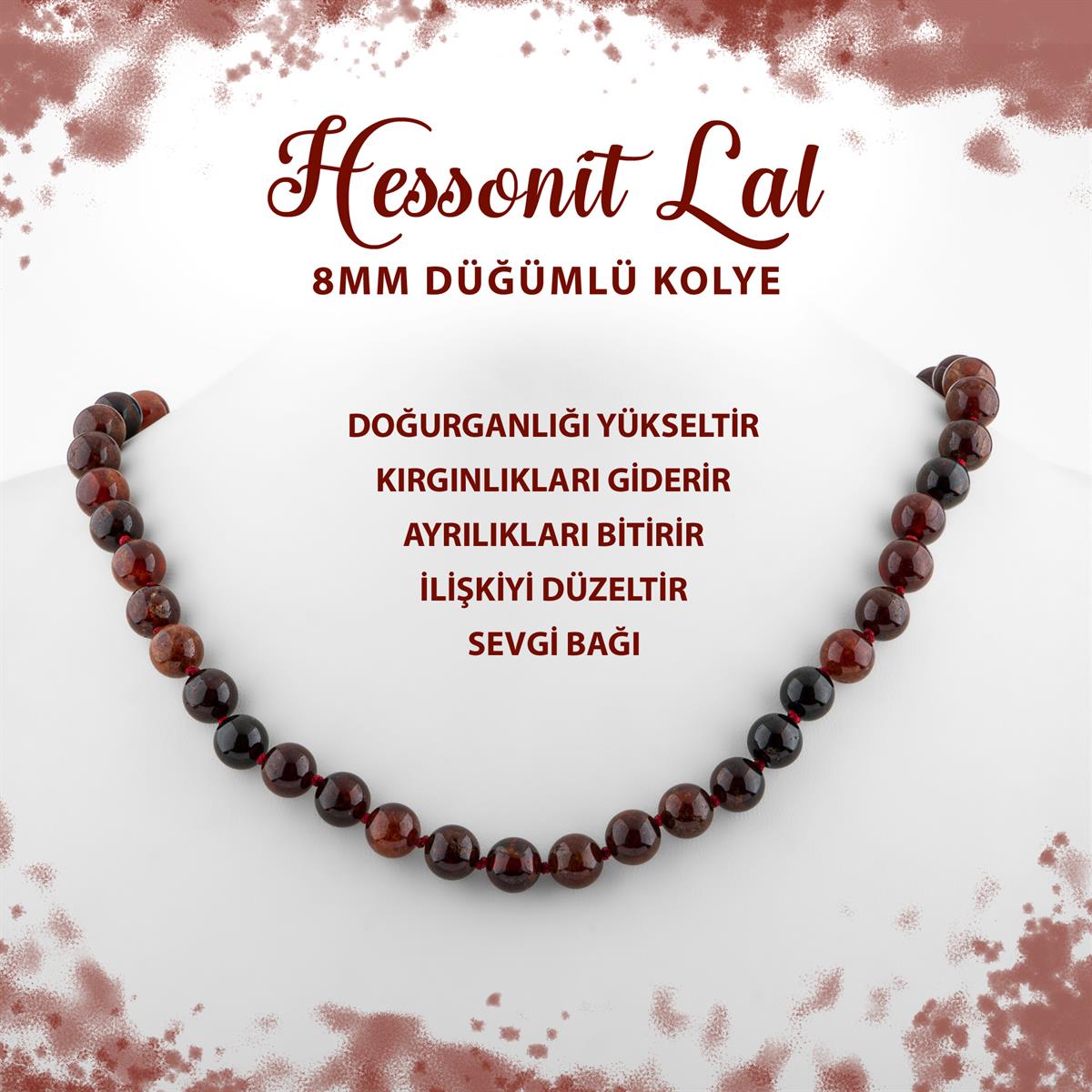 SERTİFİKALI Hessonit Lal 8 mm Düğümlü Doğal Taş Kolye