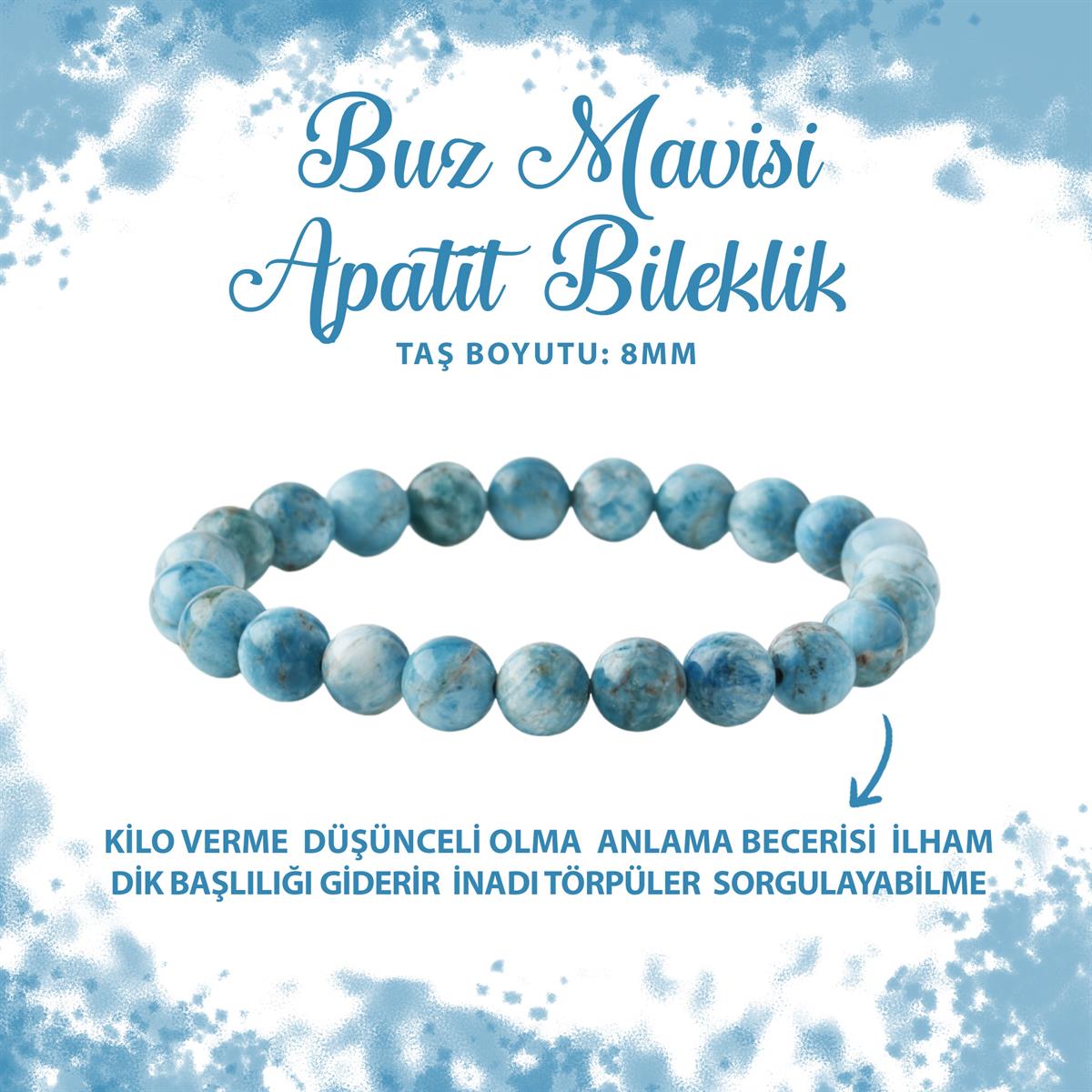 SERTİFİKALI Buz Mavisi Apatit 8mm Doğal Taş Bileklik