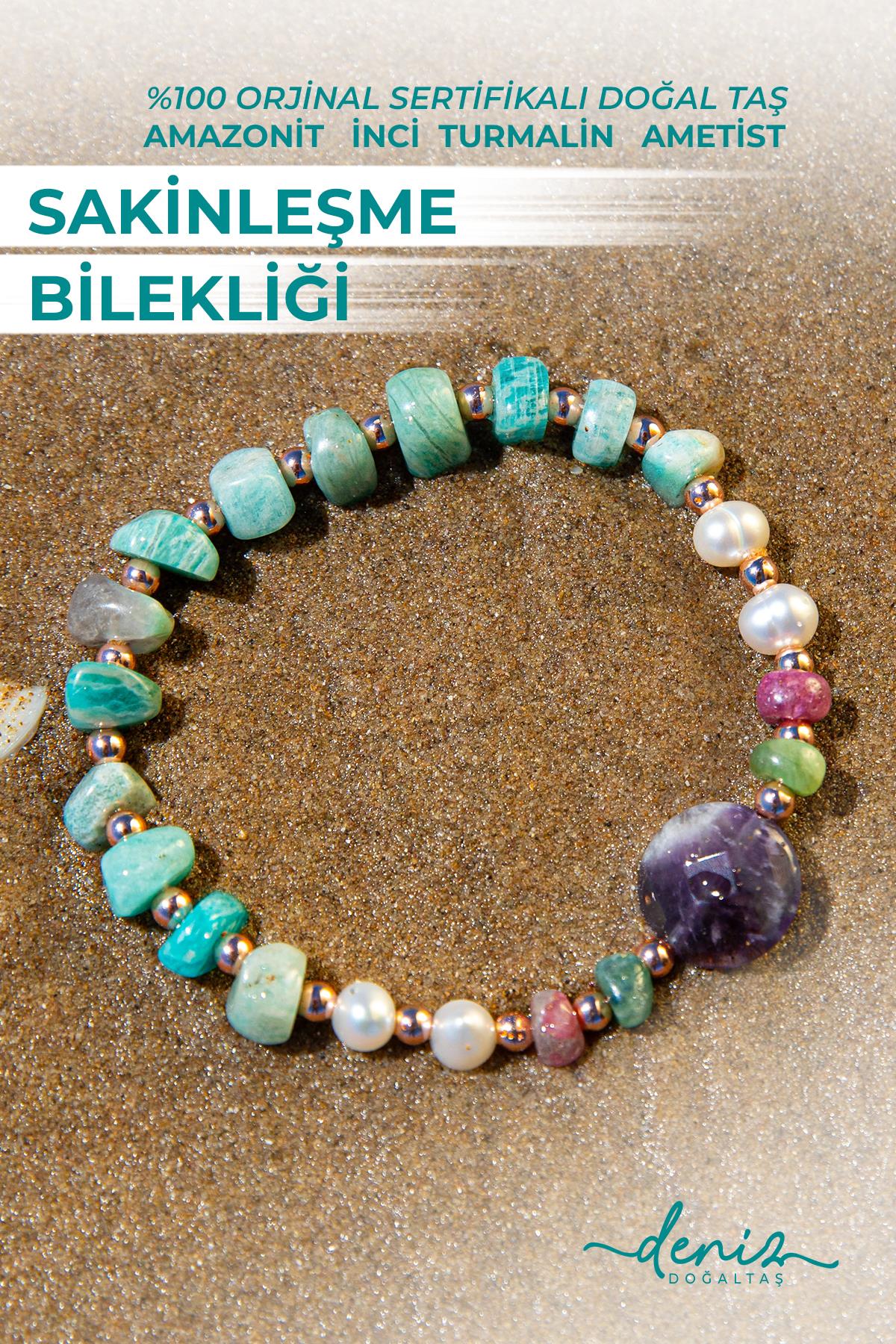Sertifikalı Doğal Taşlı Sakinleşme Bilekliği, Amazonit, İnci, Ametist, Turmalin, Hematit