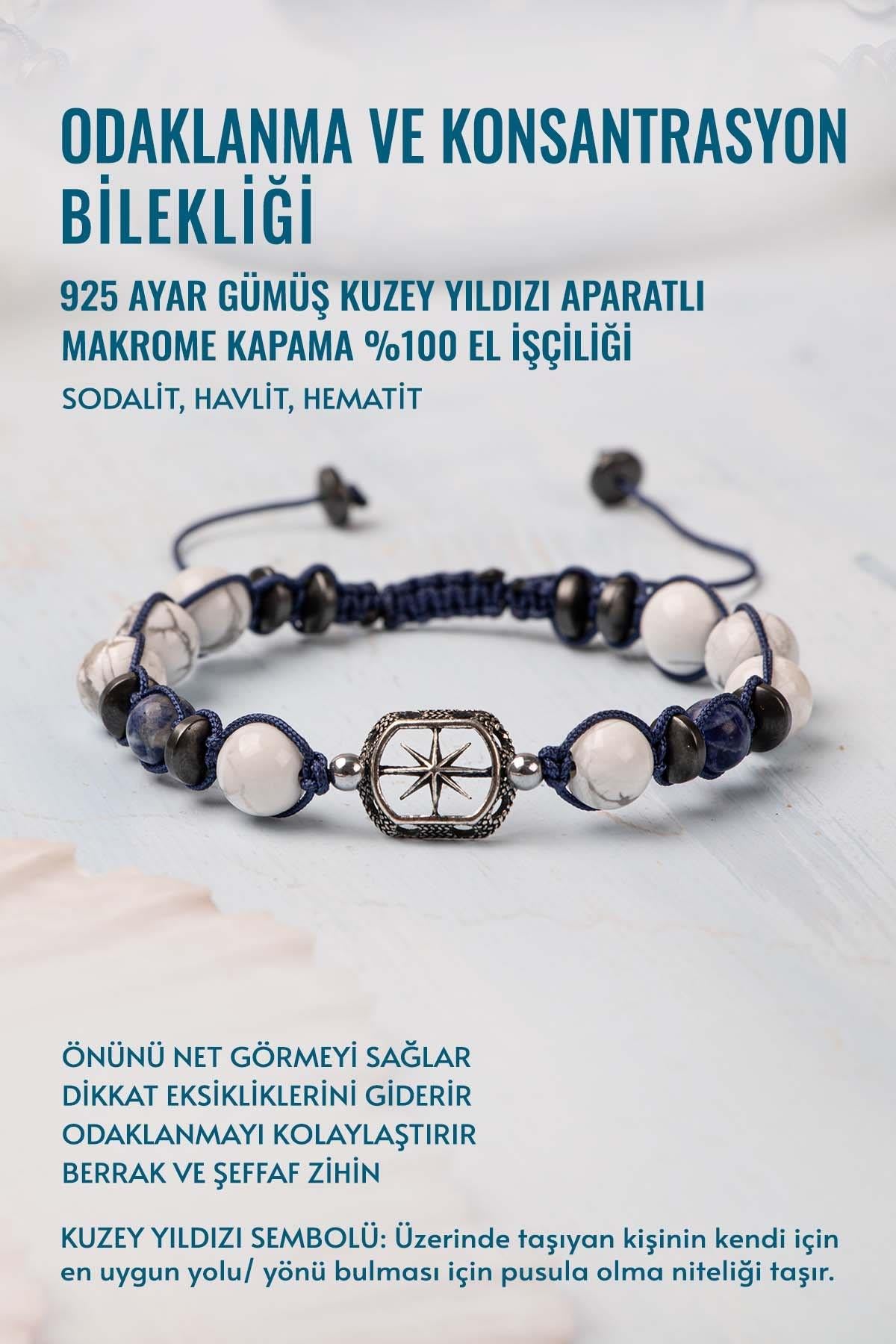 Sertifikalı Odaklanma ve Konsantrasyon Bilekliği 925 Ayar Gümüş Kuzey Yıldızı Aparatlı