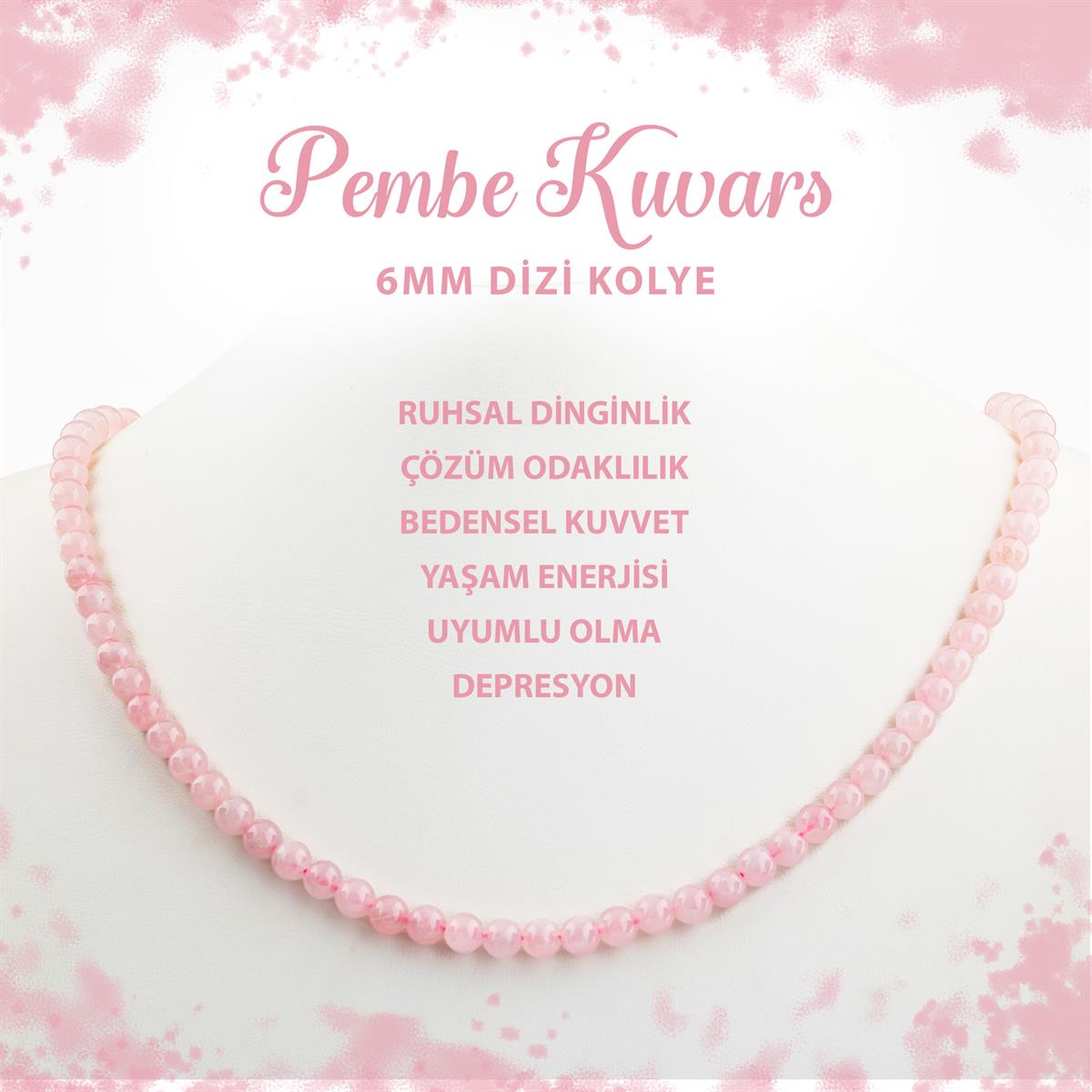SERTİFİKALI Pembe Kuvars 6 mm Dizi Doğal Taş Kolye