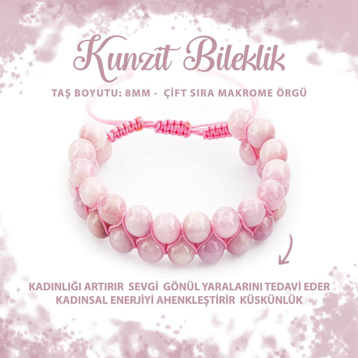 SERTİFİKALI Kunzit 8mm Çift Sıra Makrome Doğal Taş Bileklik