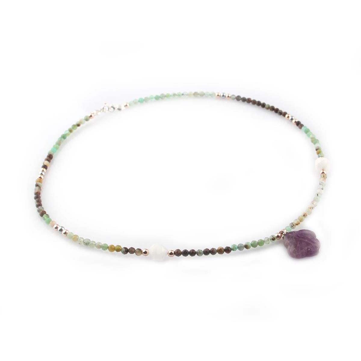 SERTİFİKALI Yonca Şekilli, Krizopras, Ametist, Ay Taşı  Orjinal ( Taşlar) Doğaltaş Kolye 70cm - 6mm
