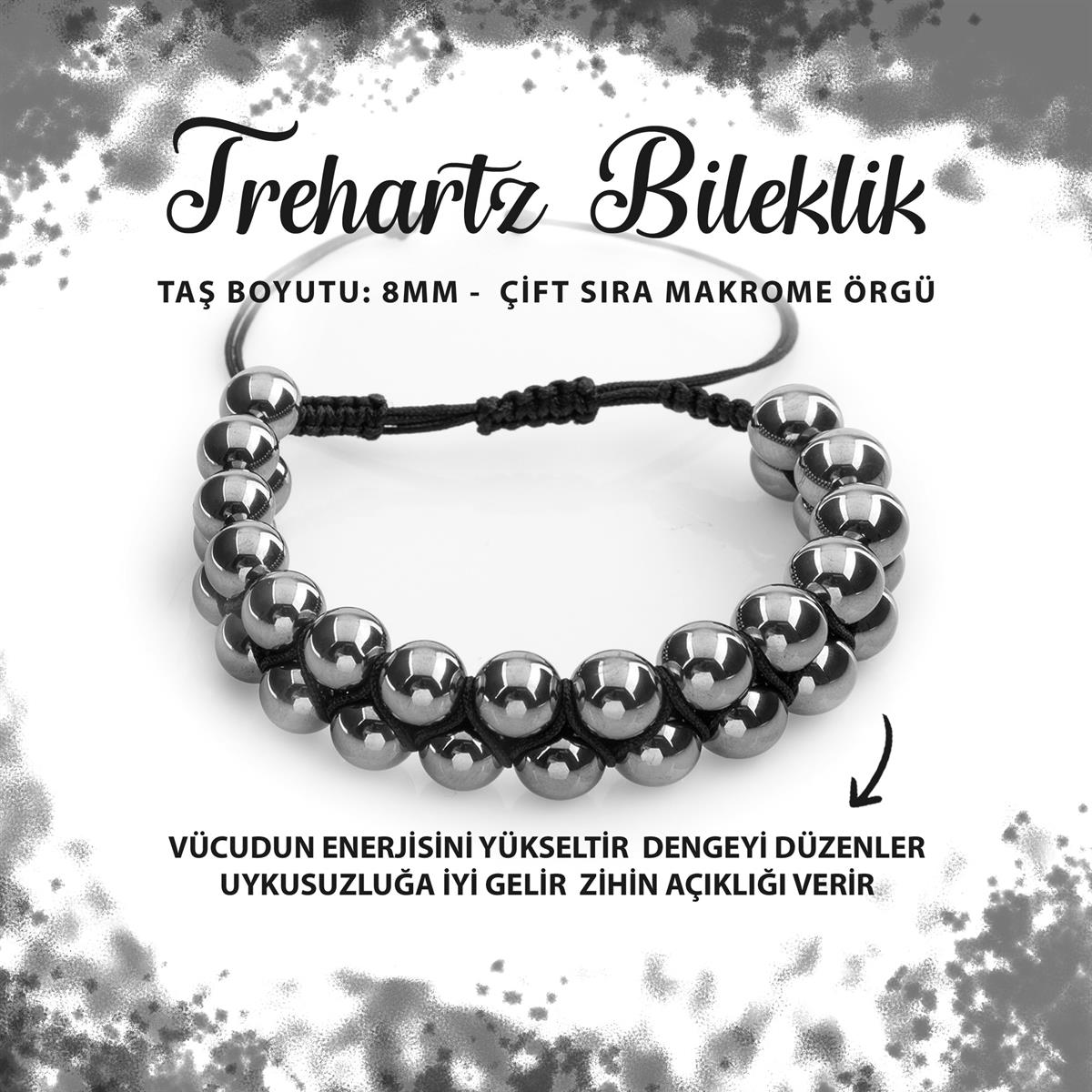 SERTİFİKALI Trehartz 8mm Çift Sıra Makrome Doğal Taş Bileklik