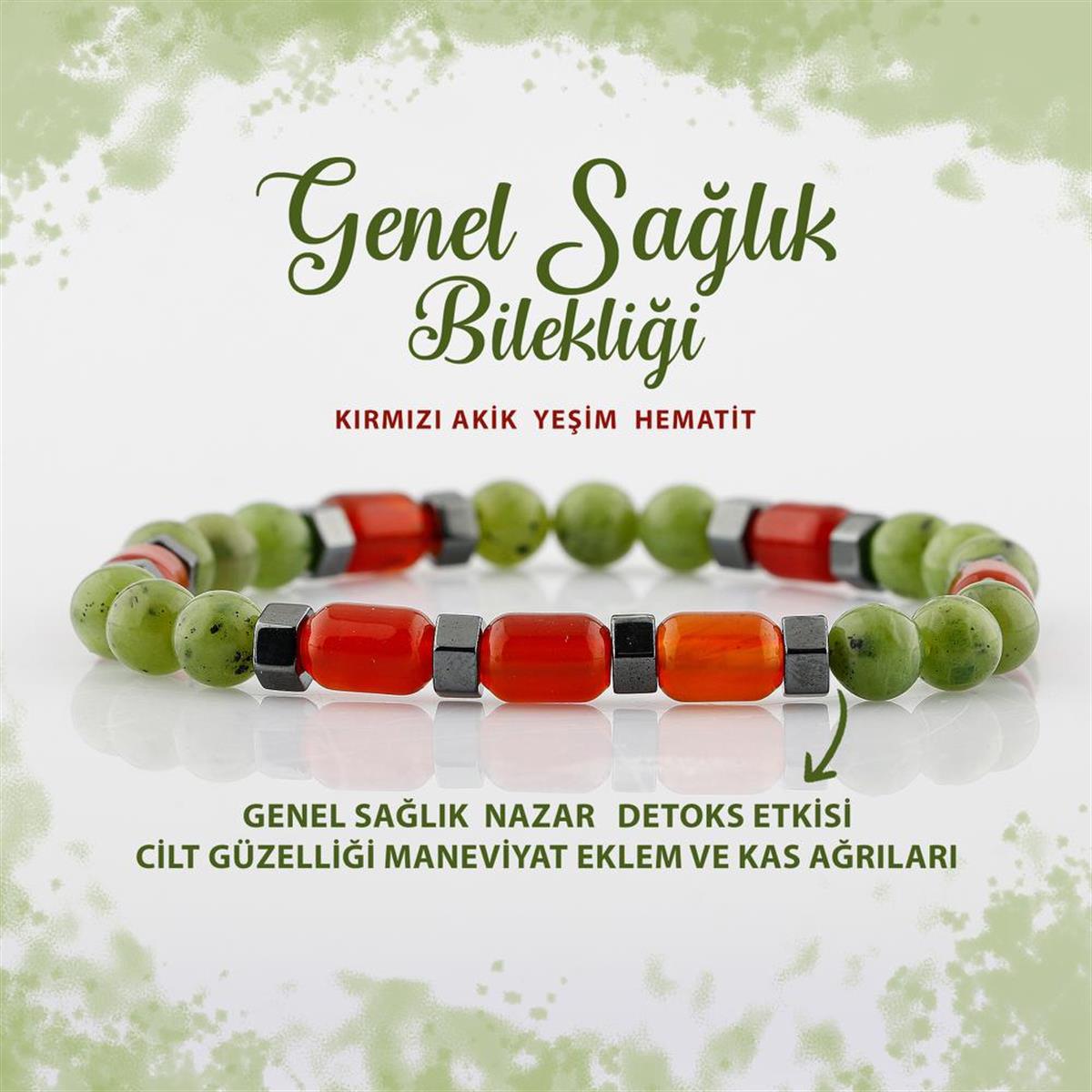 SERTİFİKALI Genel Sağlık Doğal Taş Bileklik Akik Yeşim Hematit 6mm B006