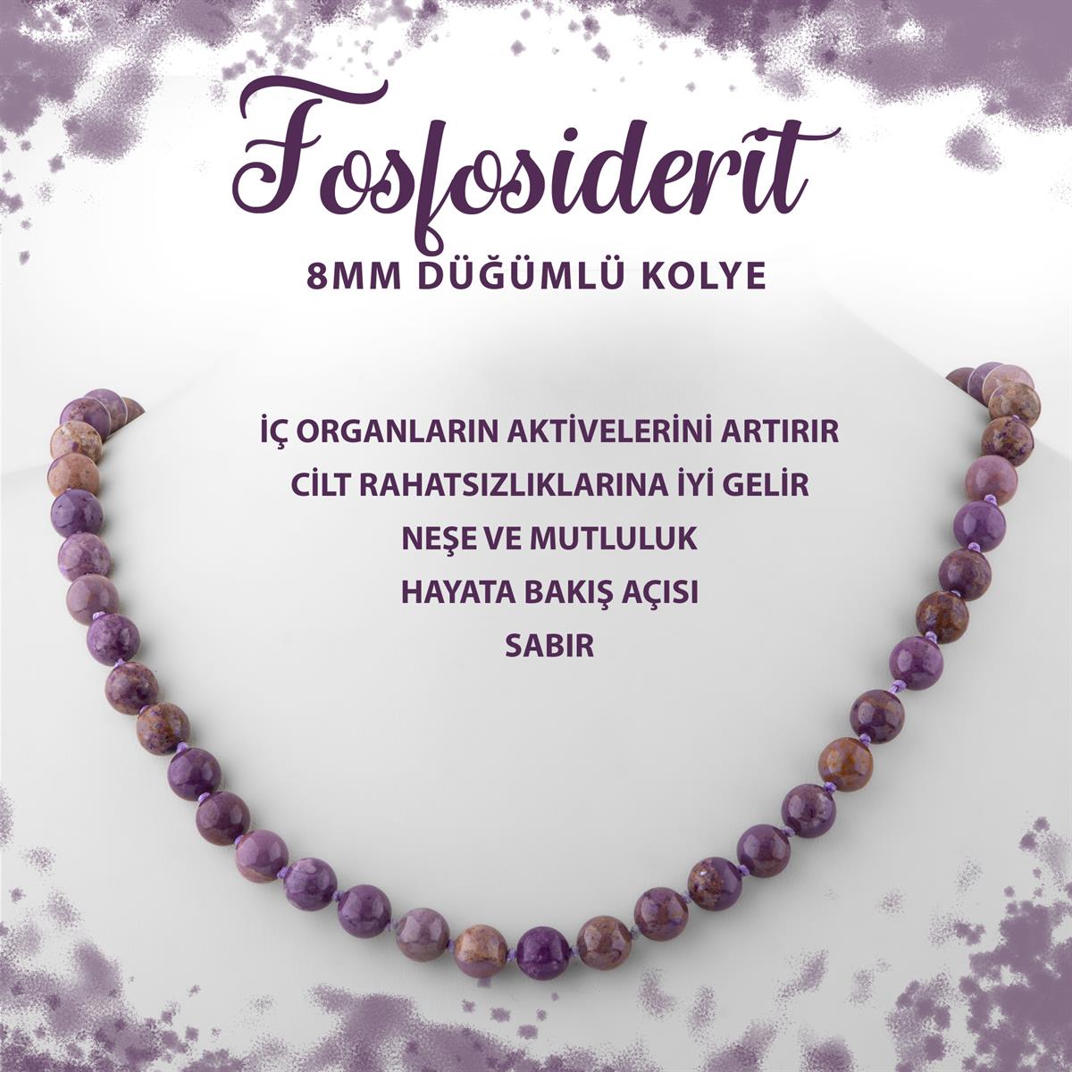 SERTİFİKALI Fosfosiderit 8 mm Düğümlü Doğal Taş Kolye