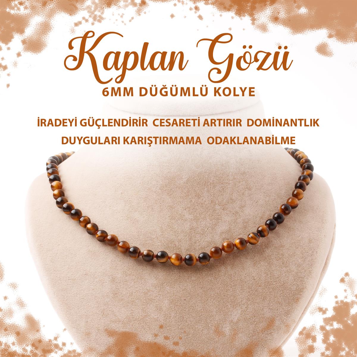 SERTİFİKALI Kaplan Gözü 6 mm Düğümlü Doğal Taş Kolye
