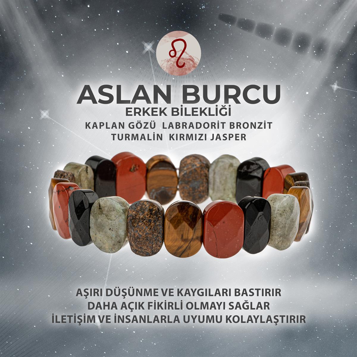 SERTİFİKALI Aslan Burcu Doğal Taş Geniş Kesim Erkek Bileklik