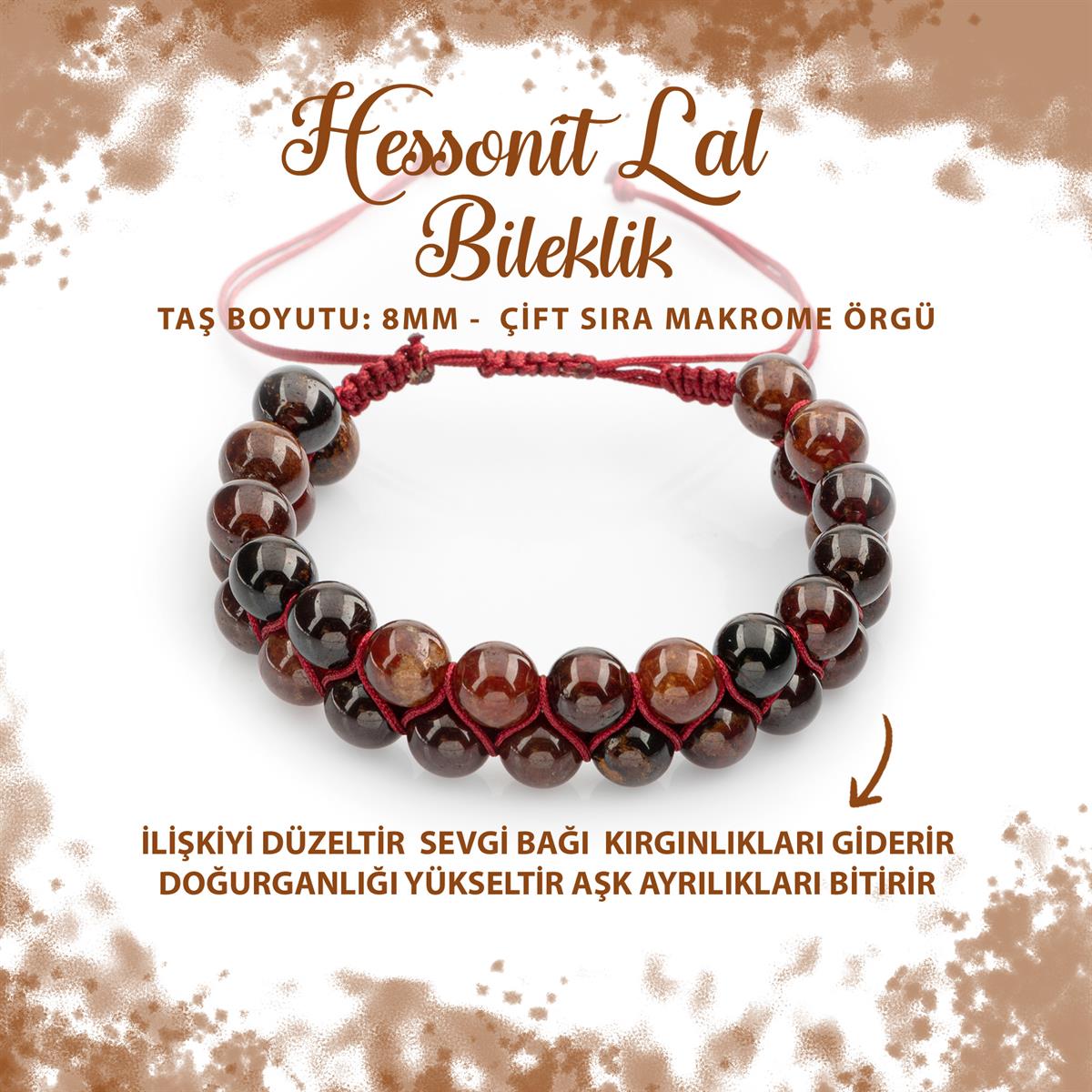 SERTİFİKALI Hessonit Lal 8mm Çift Sıra Makrome Doğal Taş Bileklik