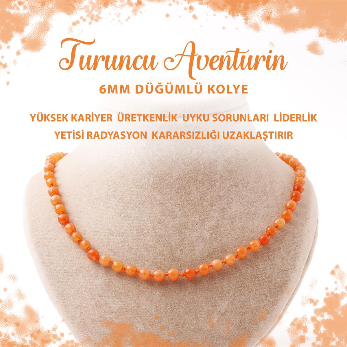 SERTİFİKALI Turuncu Aventurin 6 mm Düğümlü Doğal Taş Kolye