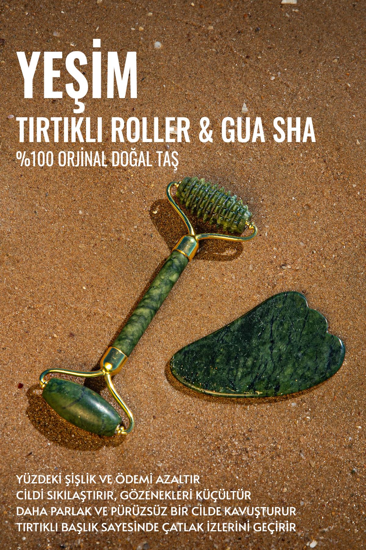 Sertifikalı Yeşim Tırtıklı Roller &amp; Gua Sha %100 Orjinal Doğal Taş