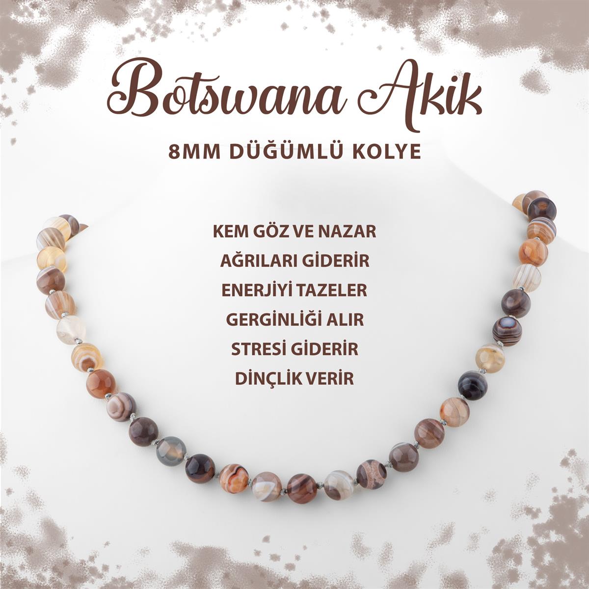 SERTİFİKALI Botswana Akiği 8 mm Düğümlü Doğal Taş Kolye