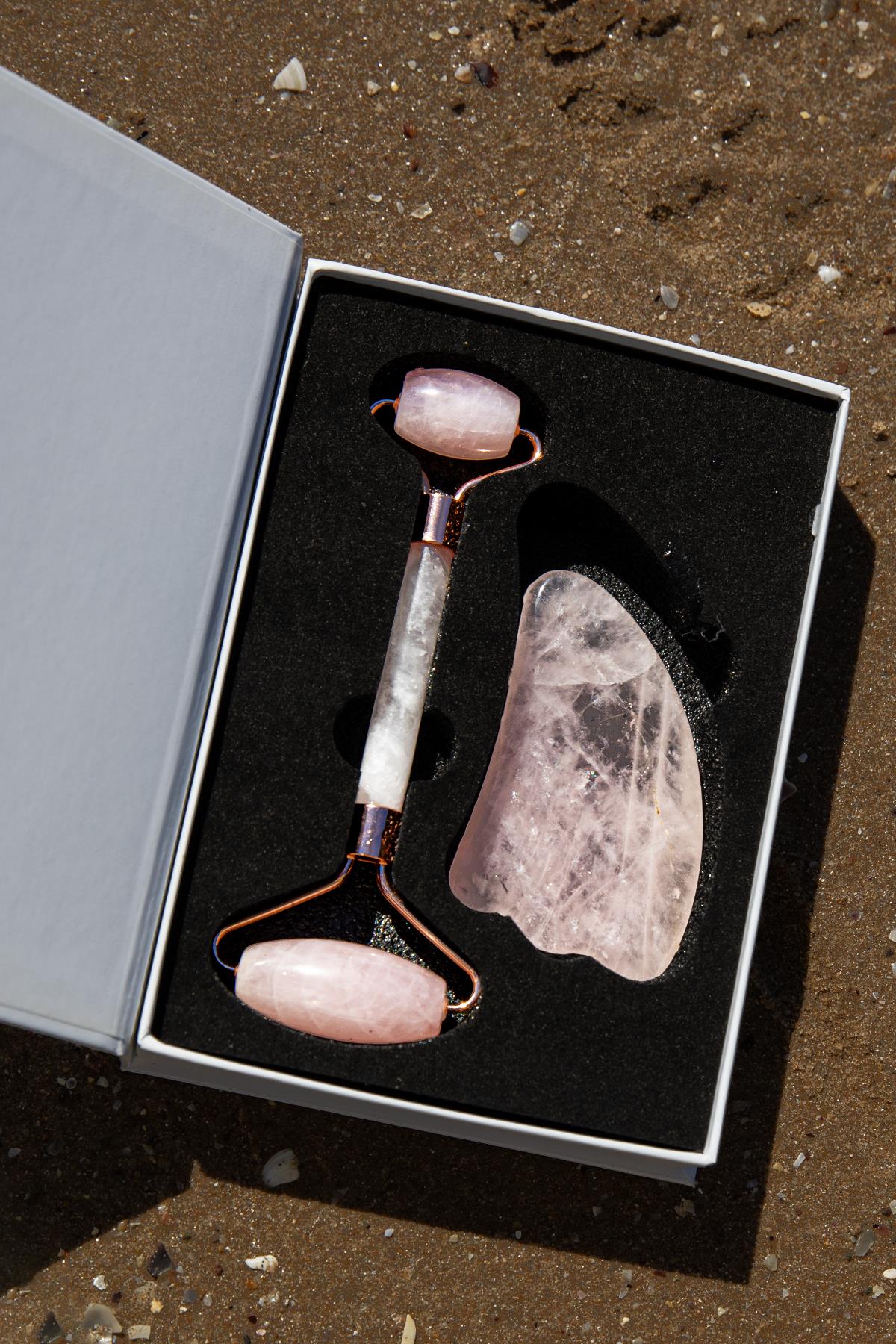 Sertifikalı Pembe Kuvars Roller &amp; Gua Sha %100 Orjinal Doğal Taş