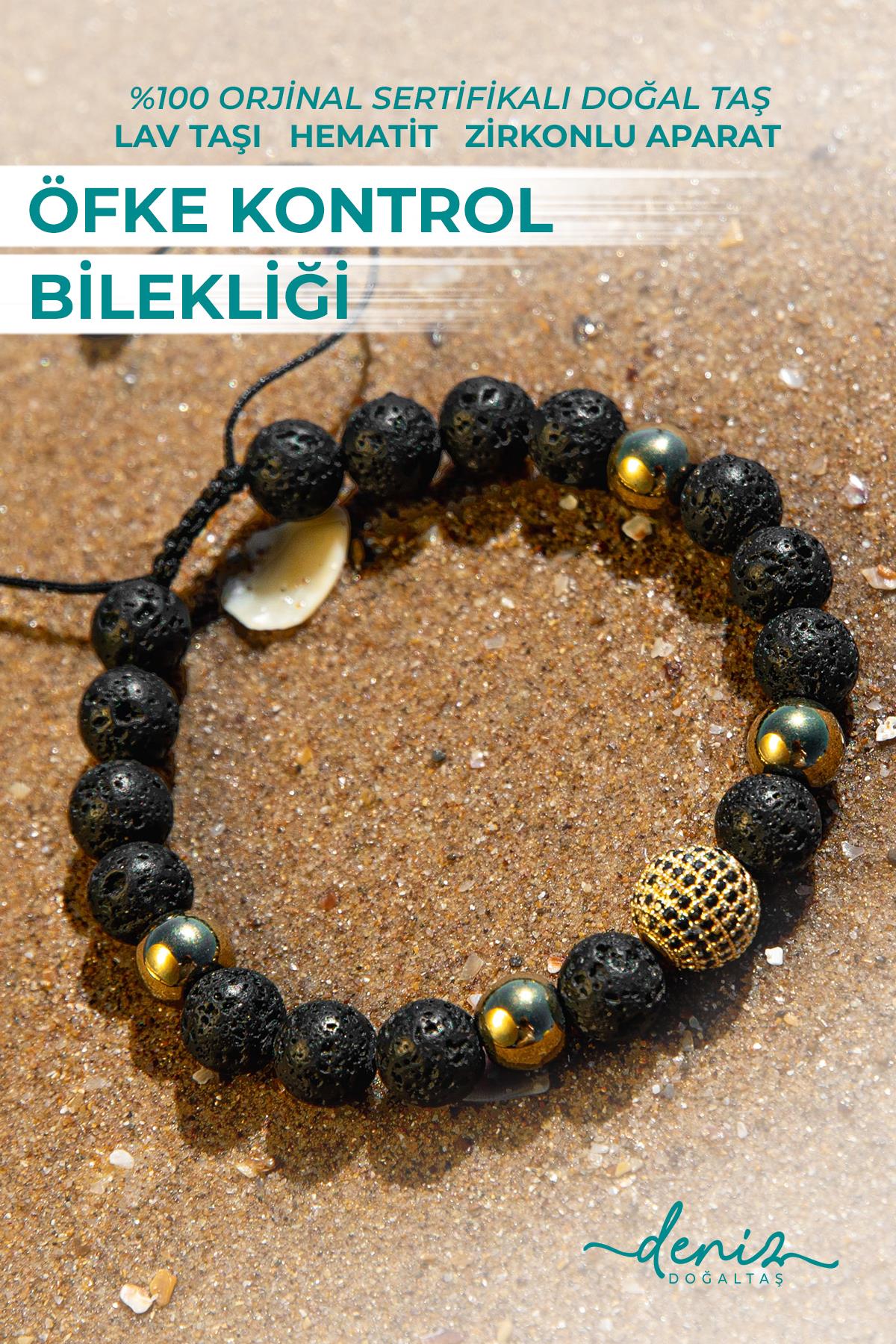 Sertifikalı Doğal Taşlı Öfke Kontrol Bilekliği, Lav Taşı, Hematit, Zirkonlu Aparat