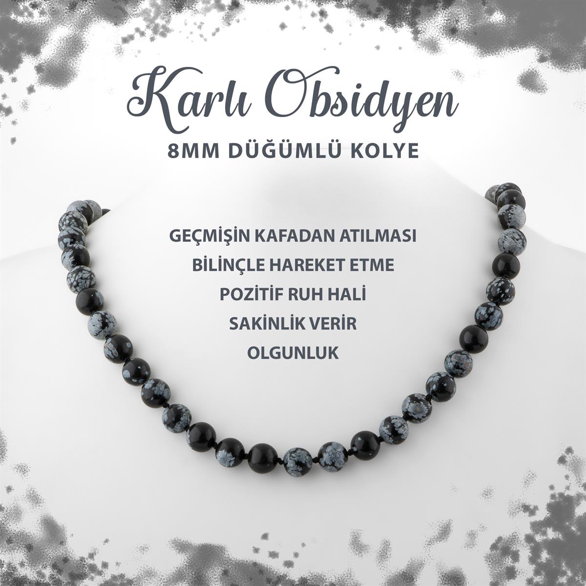 SERTİFİKALI Karlı Obsidyen 8 mm Düğümlü Doğal Taş Kolye