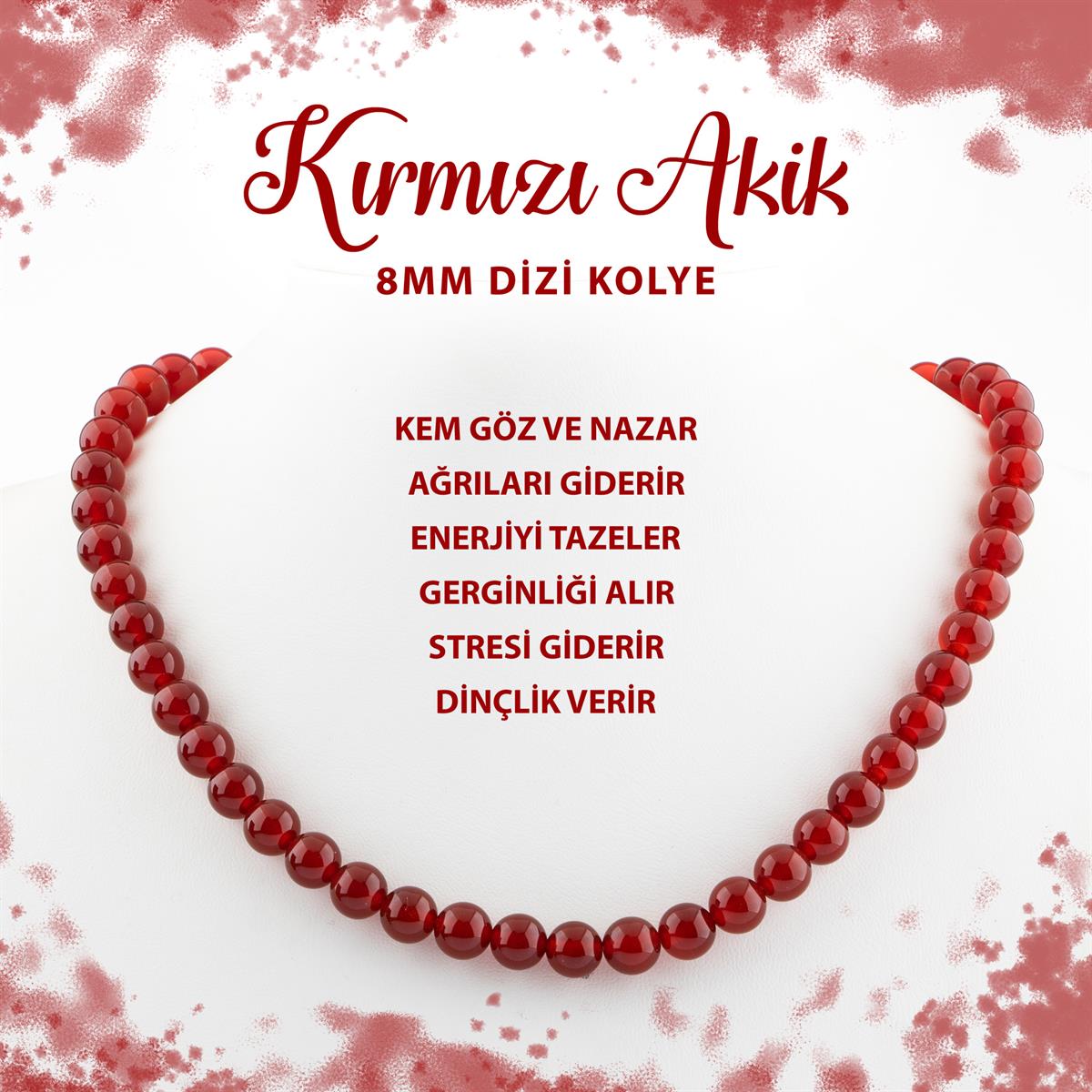 SERTİFİKALI Kırmızı Akik 8 mm Dizi Doğal Taş Kolye