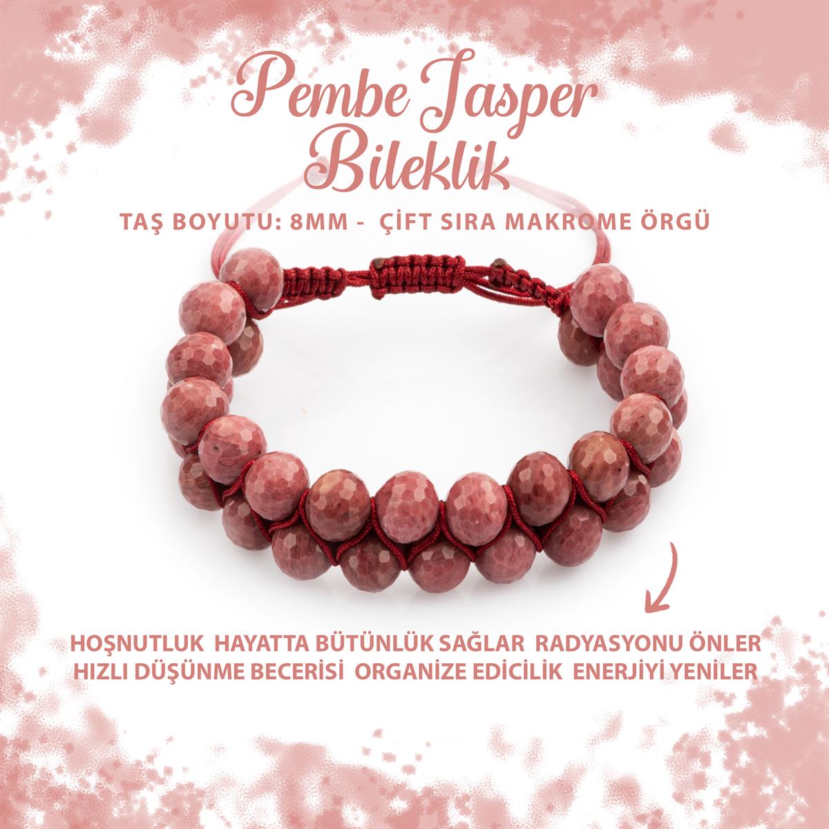 SERTİFİKALI Pembe Jasper 8mm Çift Sıra Makrome Doğal Taş Bileklik