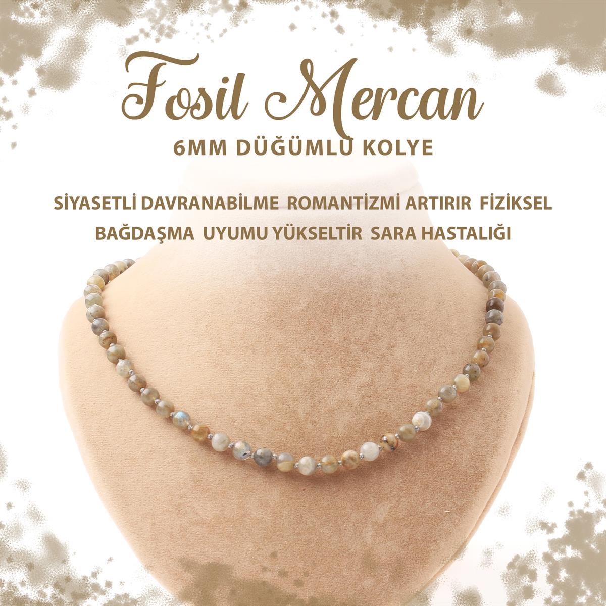 SERTİFİKALI Fosil Mercan 6 mm Düğümlü Doğal Taş Kolye
