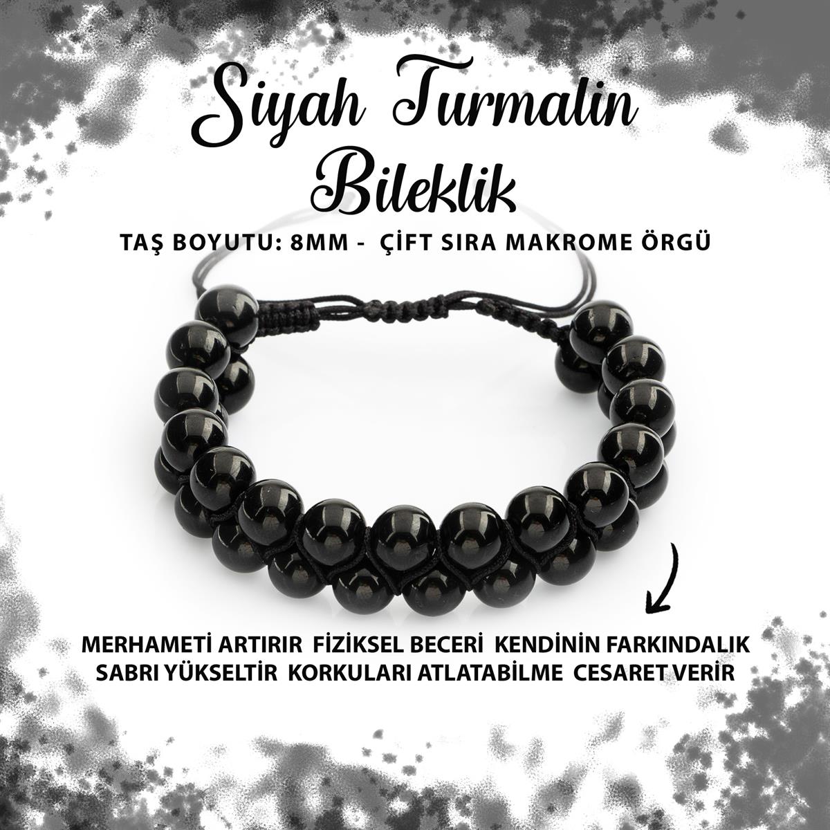 SERTİFİKALI Siyah Turmalin 8mm Çift Sıra Makrome Doğal Taş Bileklik