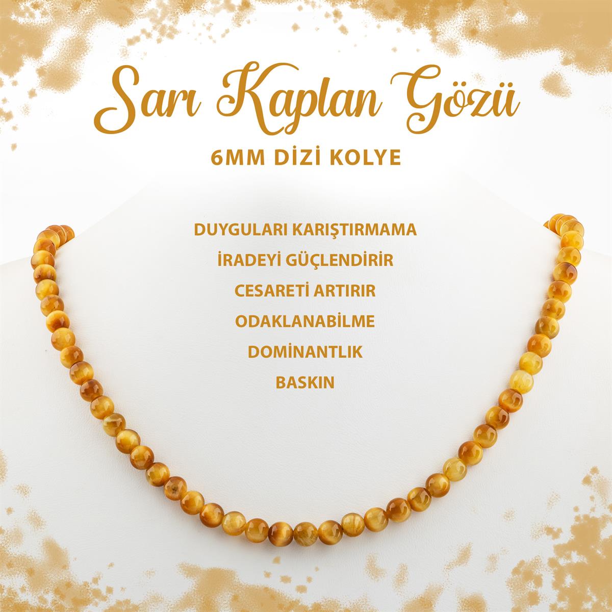 SERTİFİKALI Sarı Kaplan Gözü 6 mm Dizi Doğal Taş Kolye