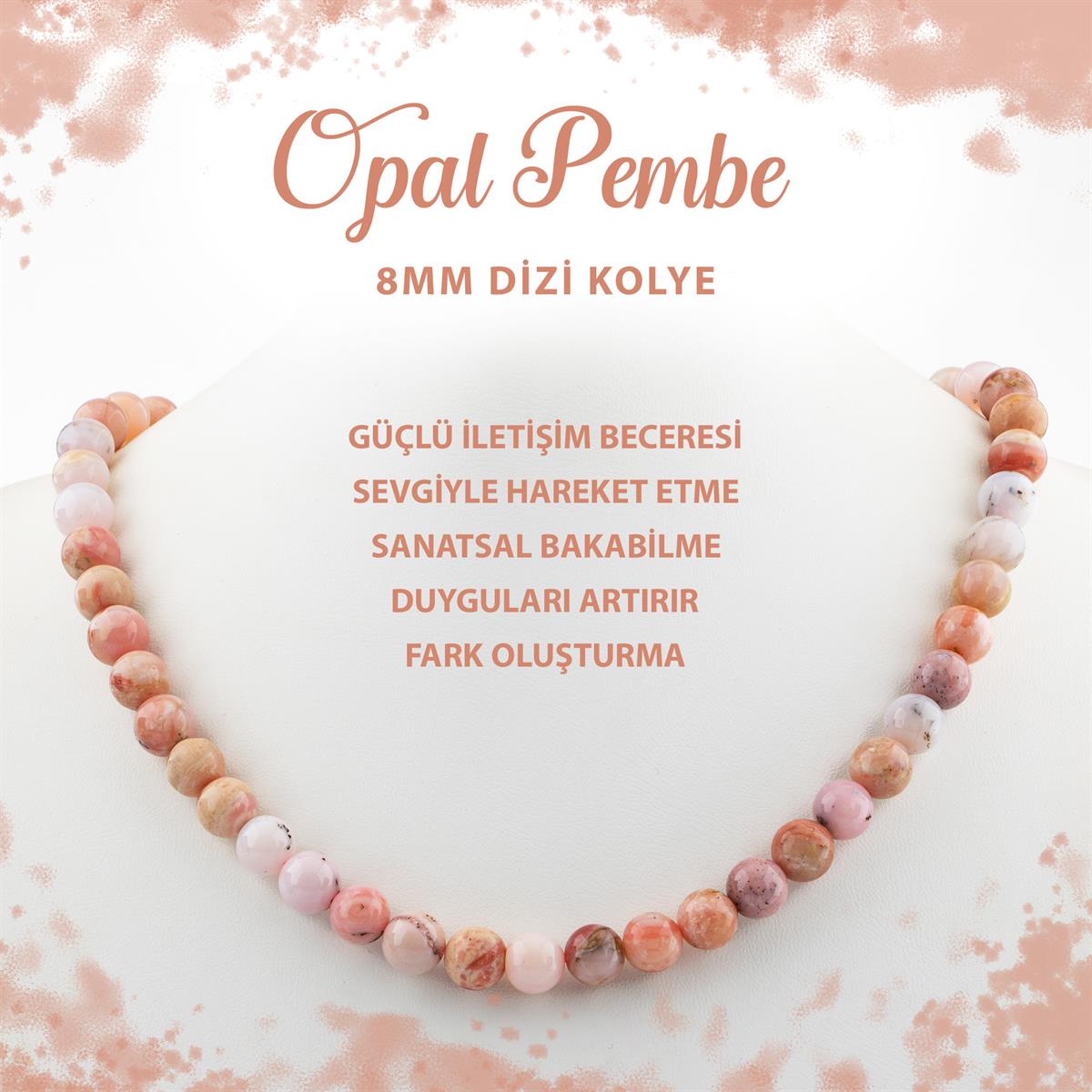 SERTİFİKALI Opal Pembe 8 mm Dizi Doğal Taş Kolye