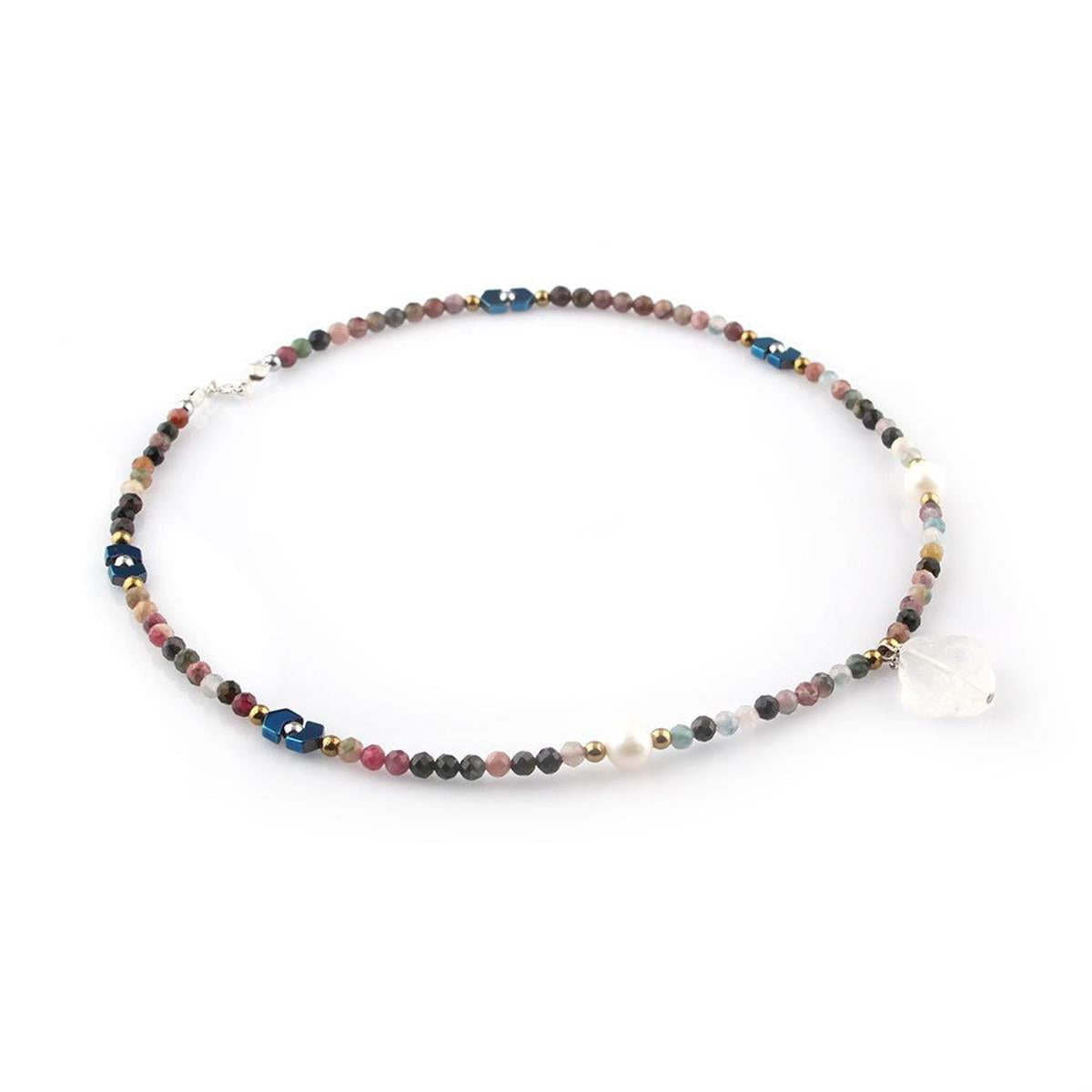 SERTİFİKALI Yonca Şekilli Turmalin, Hematit, İnci, Kristal Kuvars  Doğal Taş Kolye 70cm - 6mm