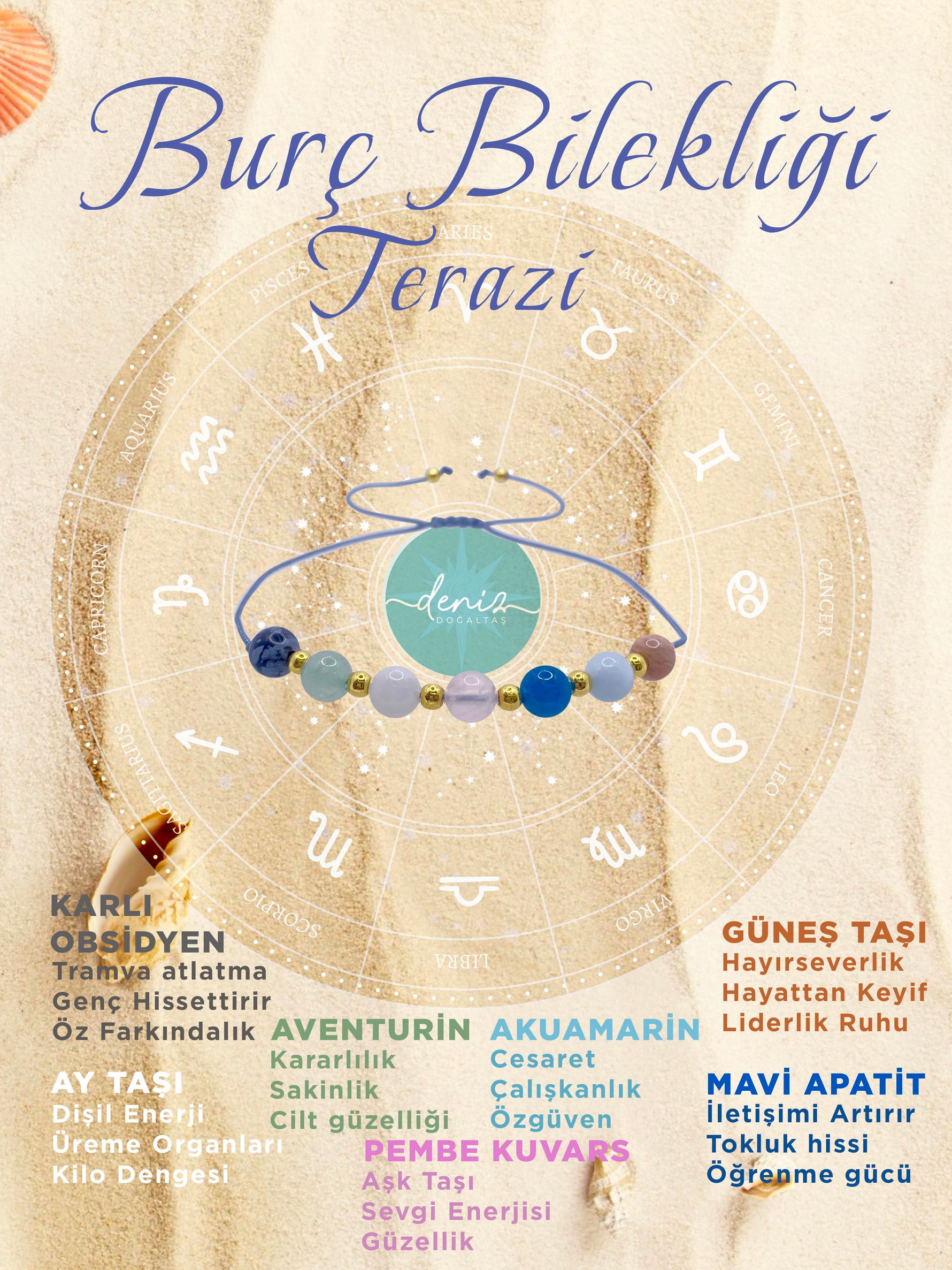 SERTİFİKALI Doğal Taş Terazi Burç Bilekliği Obsidyen-Ay Taşı-Aventurin-Pembe Kuvars-Akuamarin-Mavi Apatit-Güneş