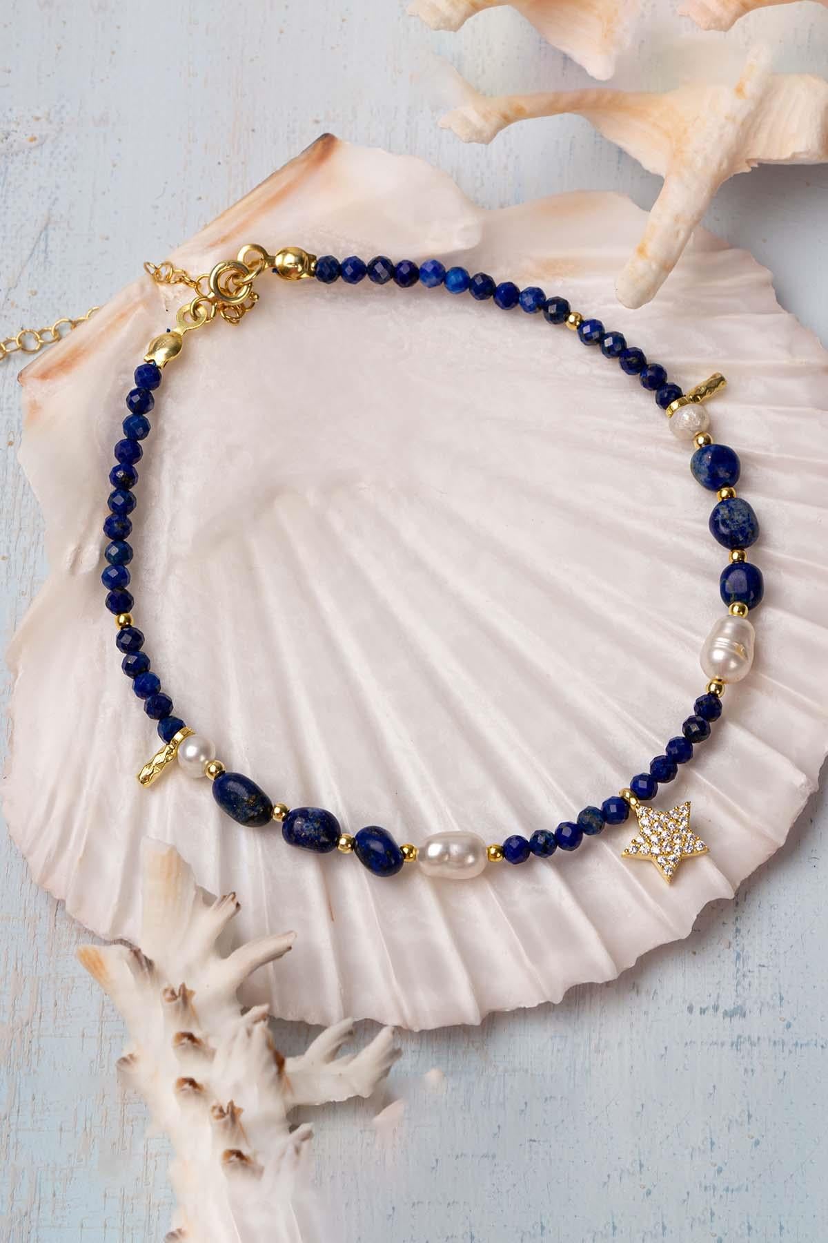 Sertifikalı Doğal Taş Lapis Lazuli - İnci 925 Ayar Gümüş Charm Halhal